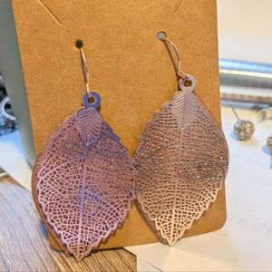 Pink Glitter Leaf Design Earrings in Silvertone